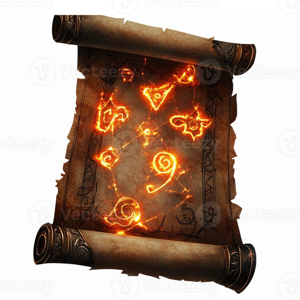 Ancient Magical Scroll with Glowing Symbols for Fantasy and Adventure Themes png