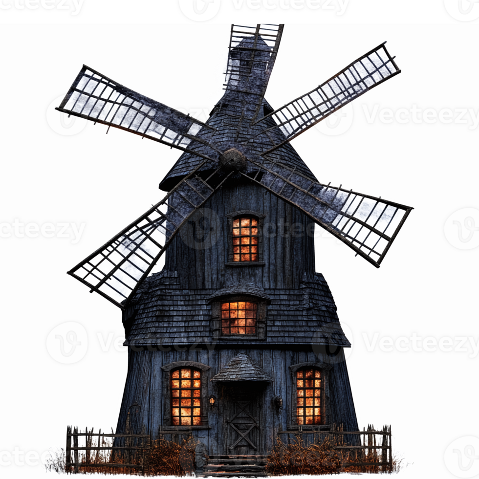 Rustic Windmill with Spinning Blades and Glowing Windows on Transparent Background png