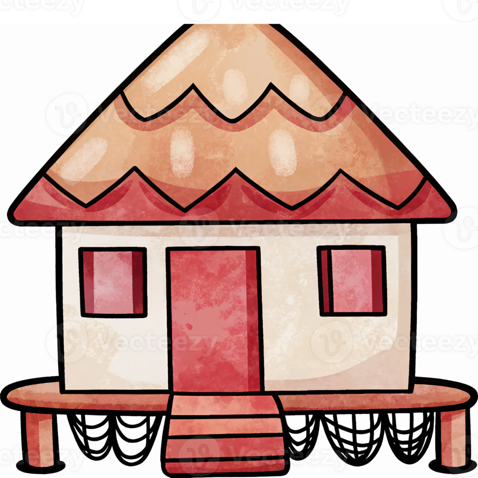 Colorful Cartoon Style House with a Thatched Roof Perfect for Childrens Books and Design Projects png