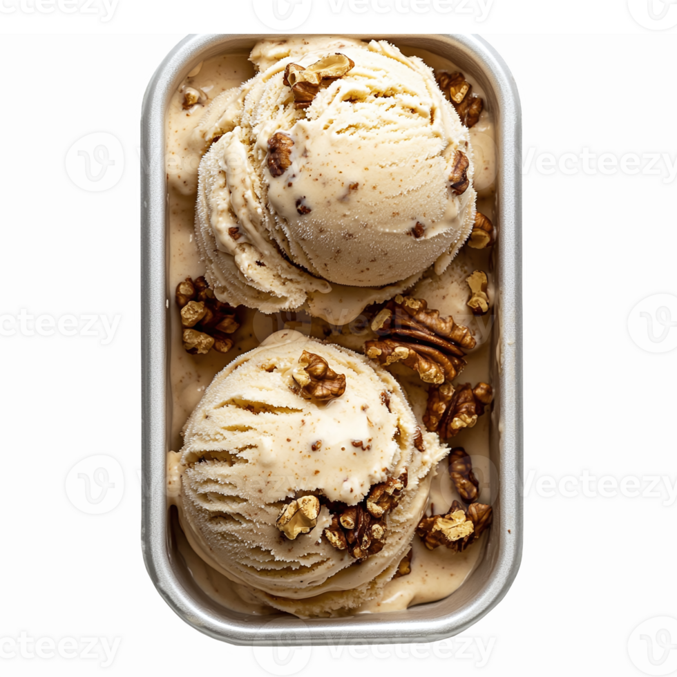 Delicious Creamy Caramel Pecan Ice Cream in a Silver Container with Crunchy Nuts Topping png