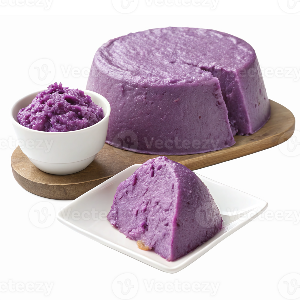 Delicious Purple Yam Dessert Featuring Whole and Sliced Variations on Wooden Board png