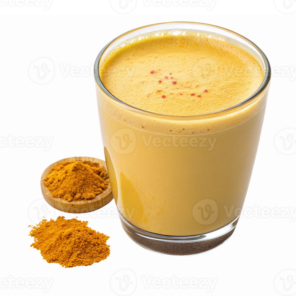 Golden Turmeric Latte with Spices in a Glass Cup and Powdered Turmeric on the Side png