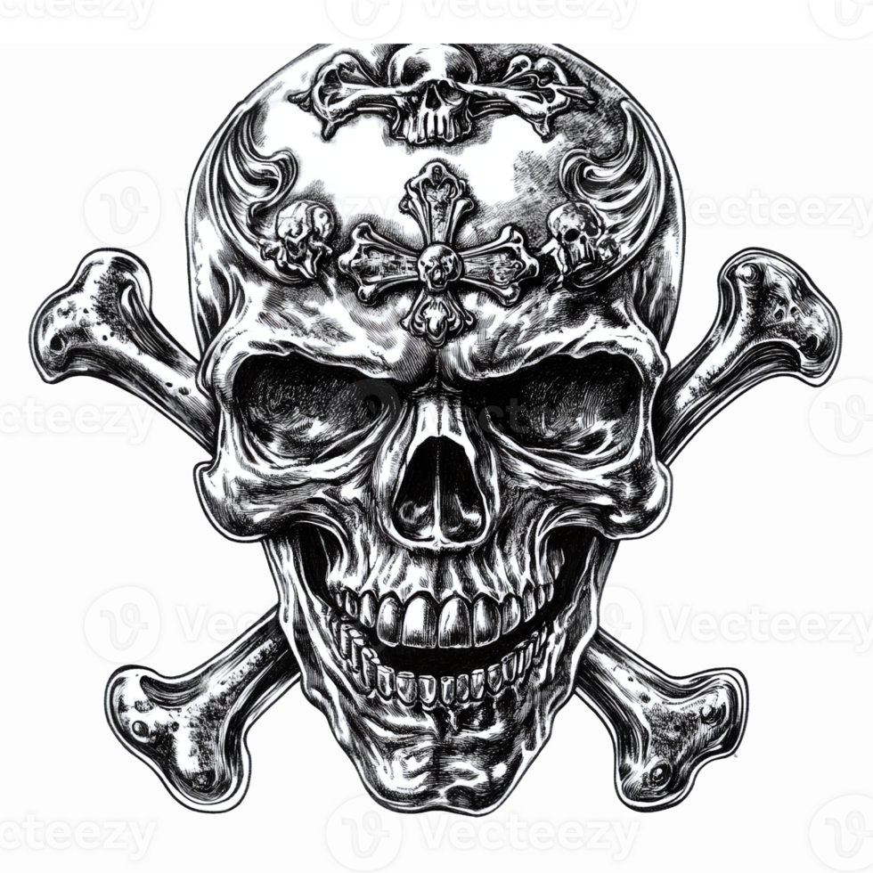 Intricate Skull and Crossbones Design with Floral Details for Tattoo and Apparel Use png