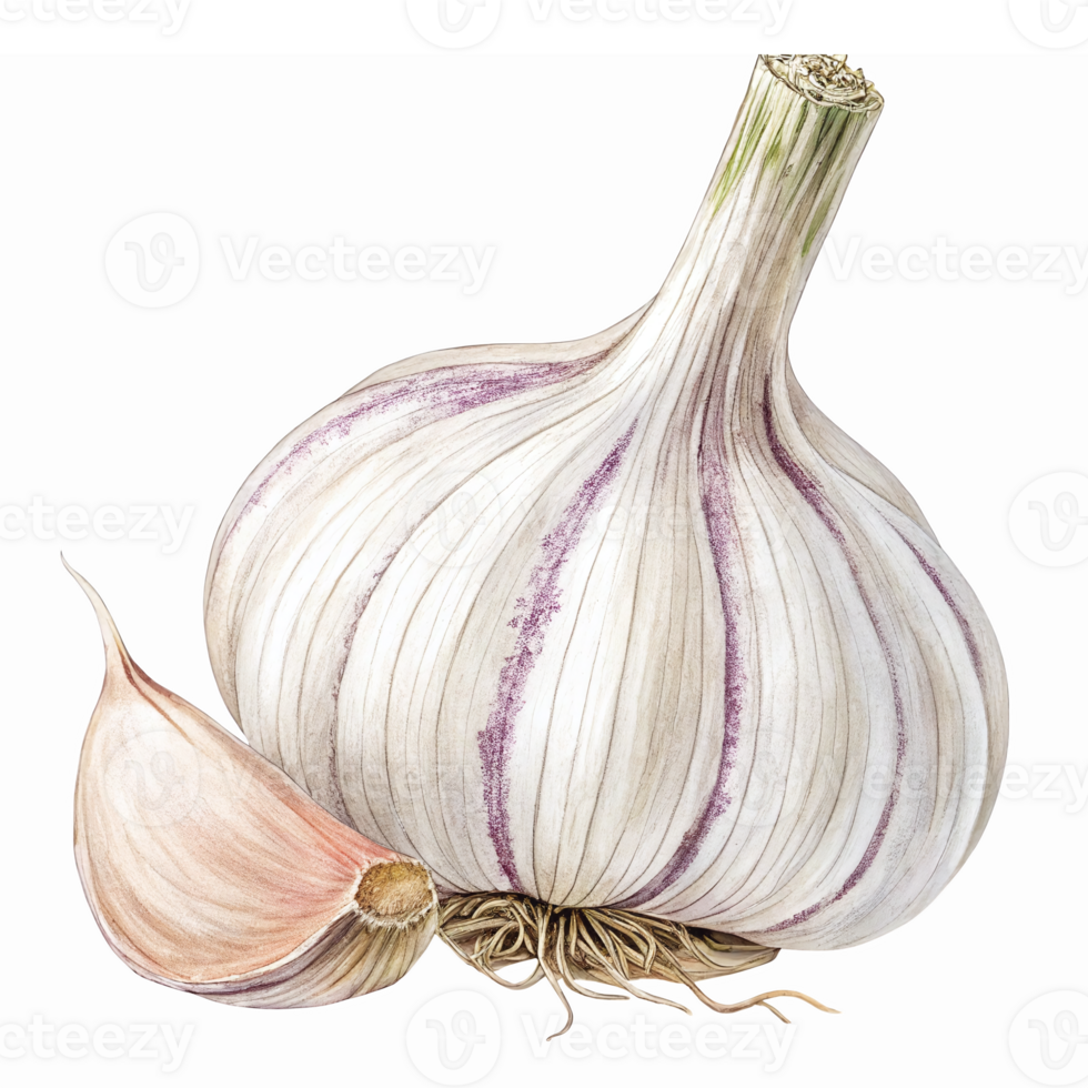 Realistic Garlic Bulb and Clove Botanical Illustration with Transparent Background png