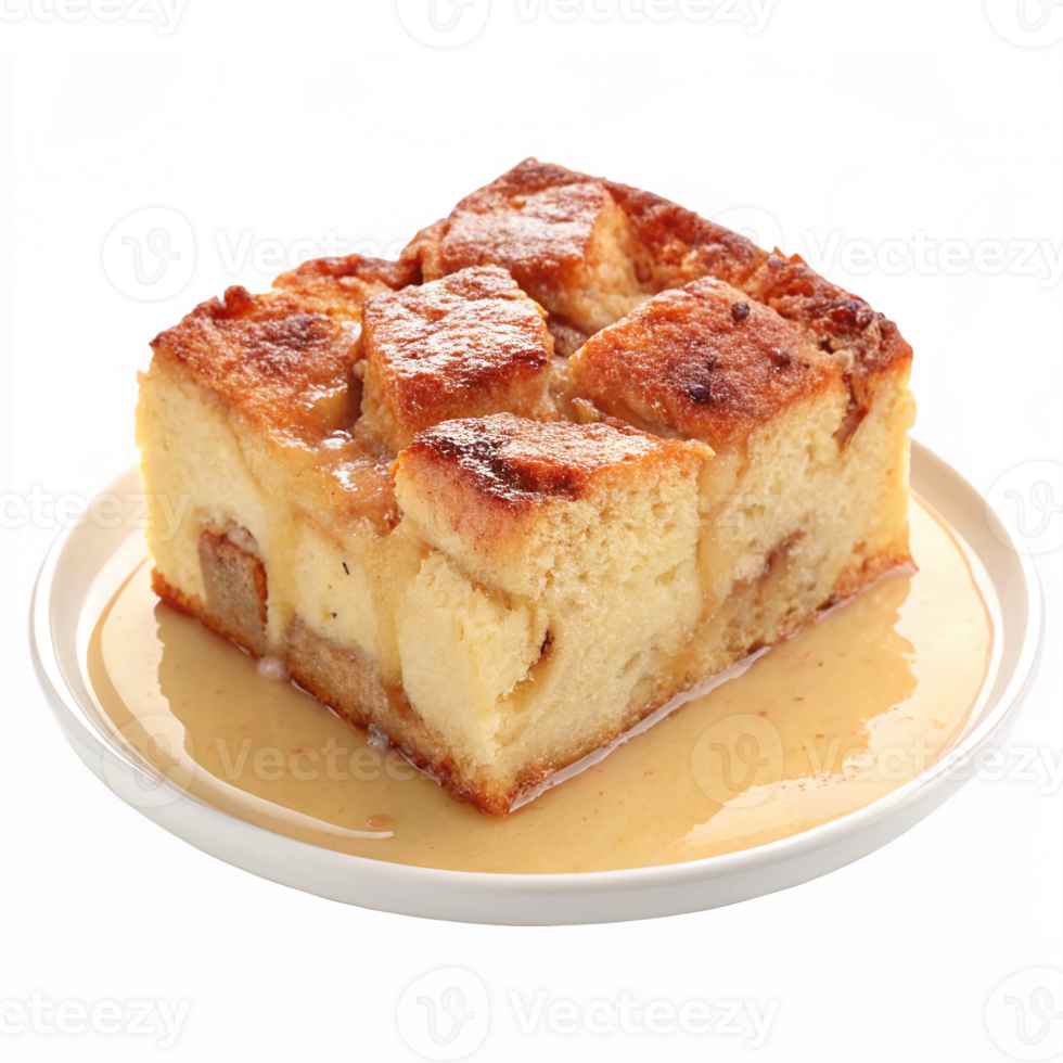 Delicious Homemade Bread Pudding with Vanilla Sauce on a White Plate png