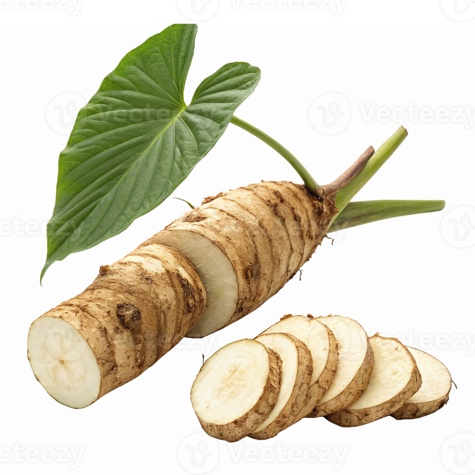Fresh Wasabi Root with Green Leaves and Sliced Pieces for Cooking and Culinary Use png