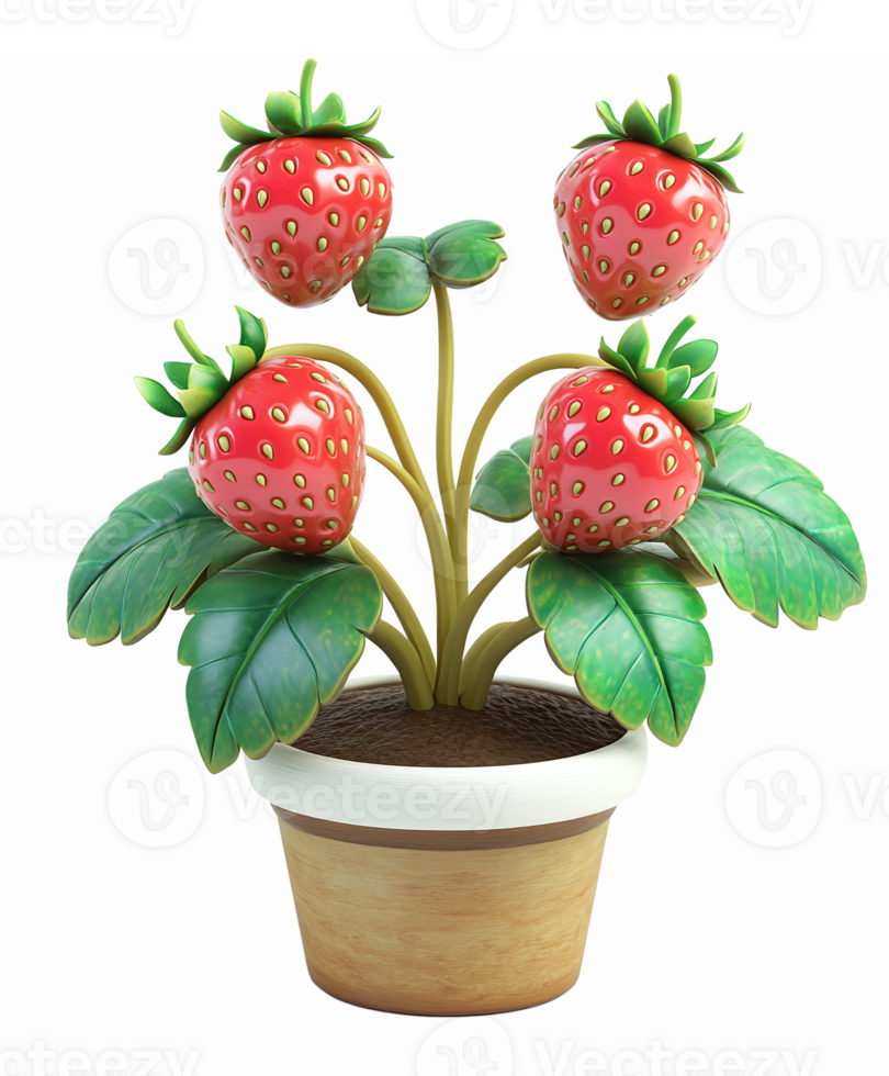 Vibrant Strawberry Plant in Pot Colorful Illustration with Lush Leaves and Juicy Red Berries png