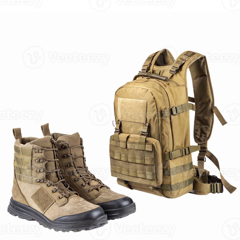 Tactical Military Boots and Backpack Set for Outdoor Adventure Gear and Survival Preparation png