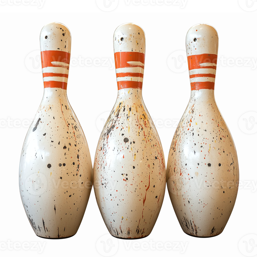 Three Vintage Bowling Pins with Colorful Splatter Design on Transparent Background png