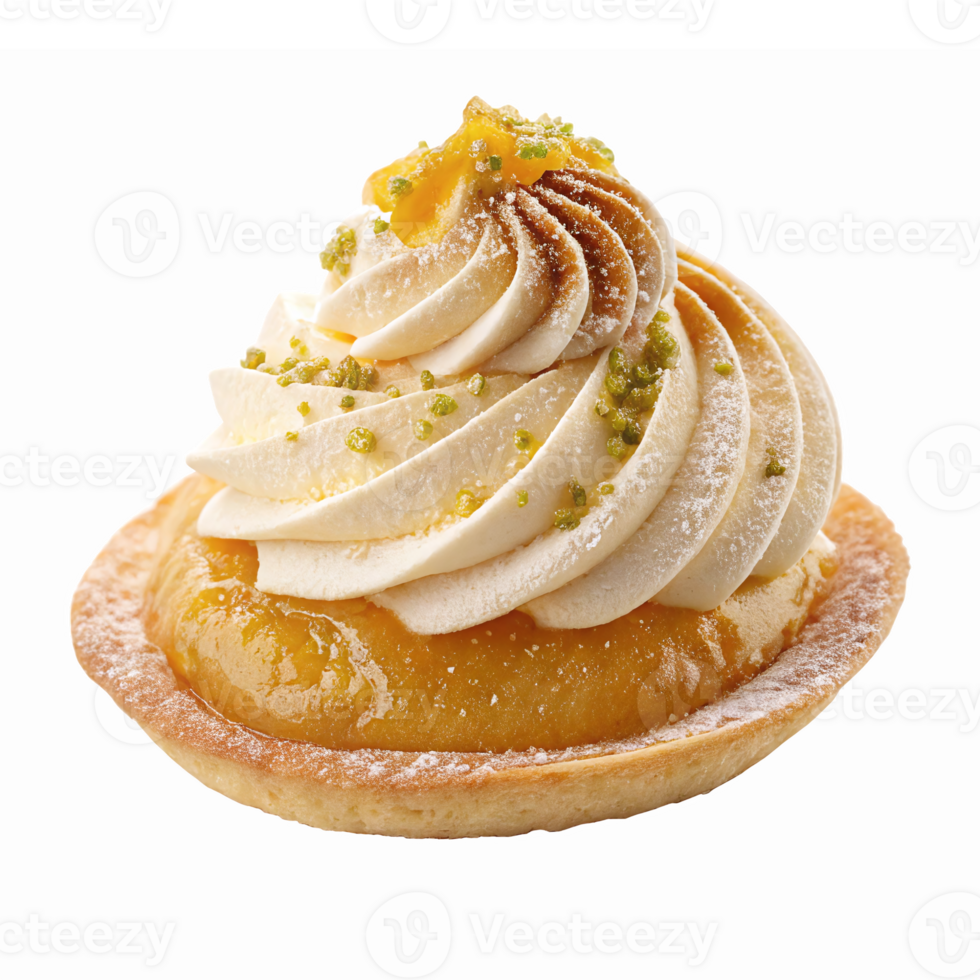 Delicious Lemon Tart with Whipped Cream and Pistachio Topping on Transparent Background png
