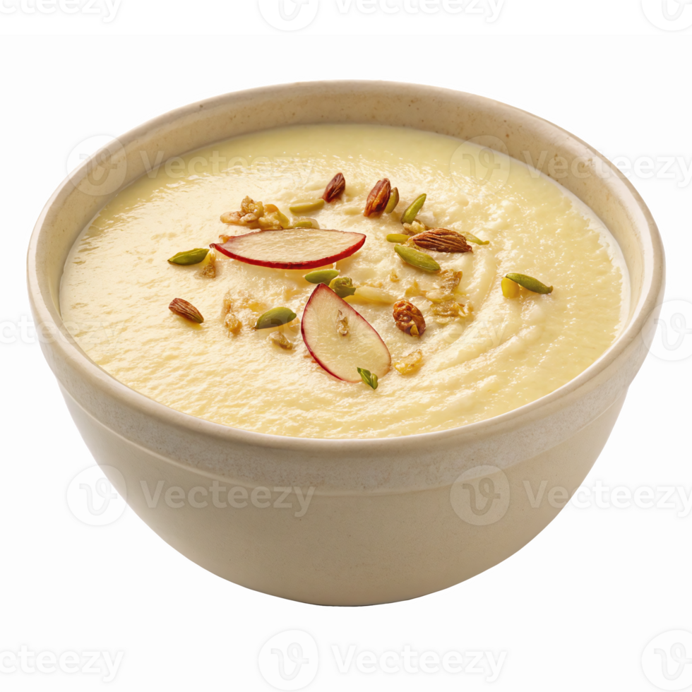 Delicious Creamy Dessert Bowl with Toppings including Nuts and Slices of Fruit png