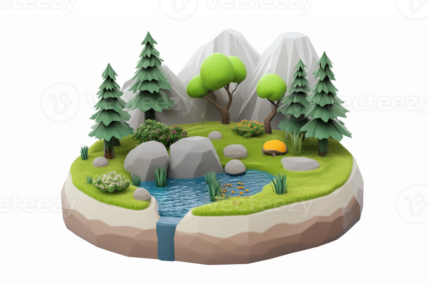 3D Landscape Scene with Trees Waterfall Stream and Rocky Terrain for Natural Environment Design png