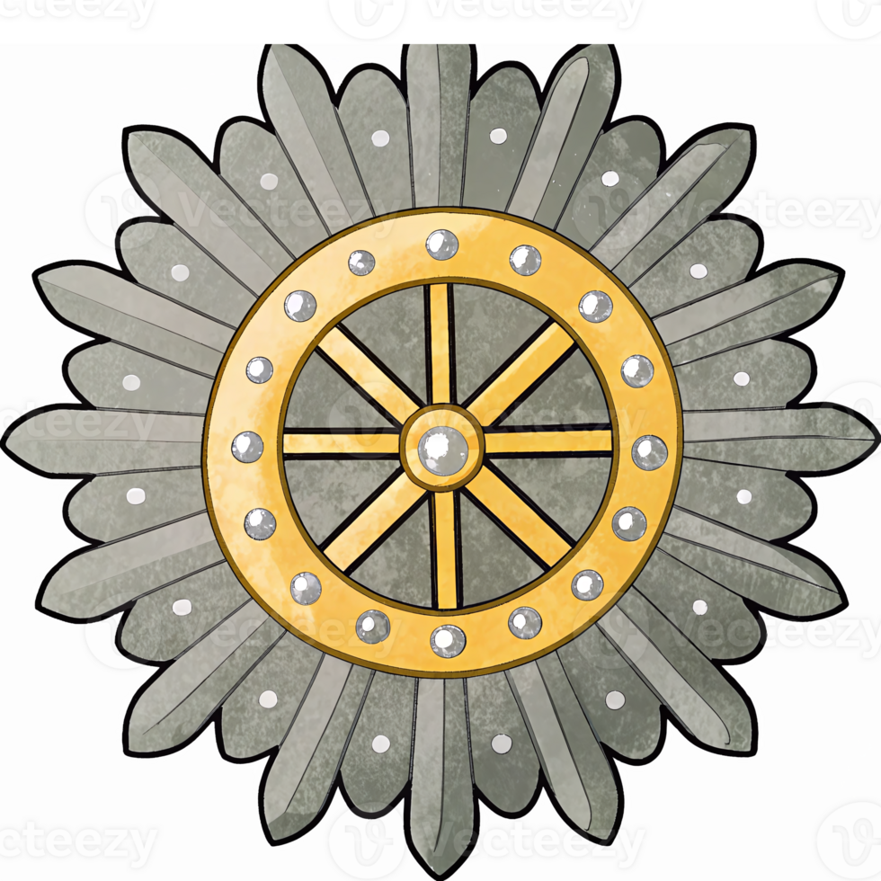 Symbolic Wheel Design with Radiating Silver Blades and Golden Accents for Emblems and Logos png