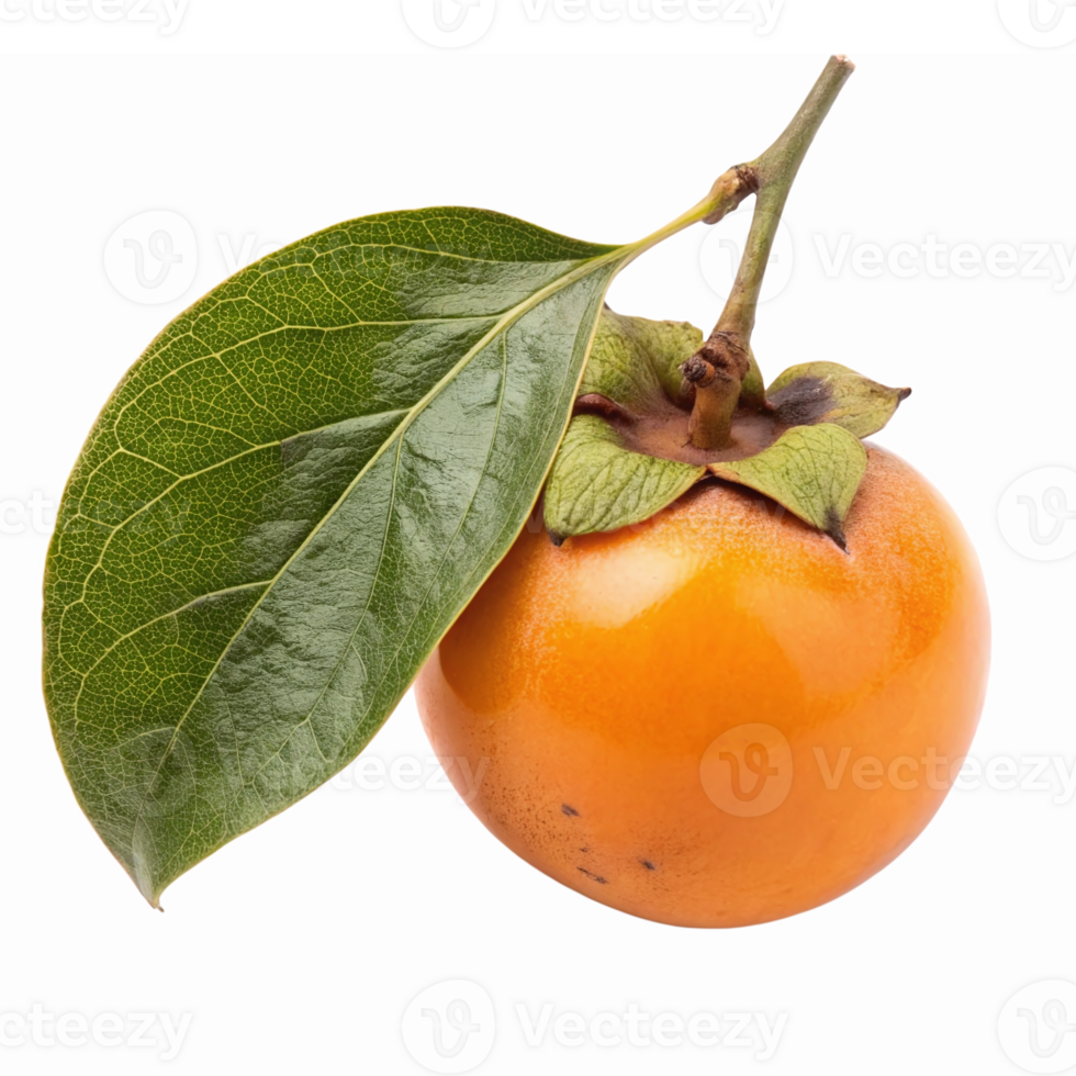 Ripe Persimmon with Green Leaf Isolated on Transparent Background for Culinary Design Projects png