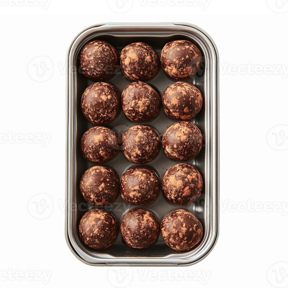 Delicious Chocolate Truffles in Metal Tray Perfect for Gifting and Desserts png