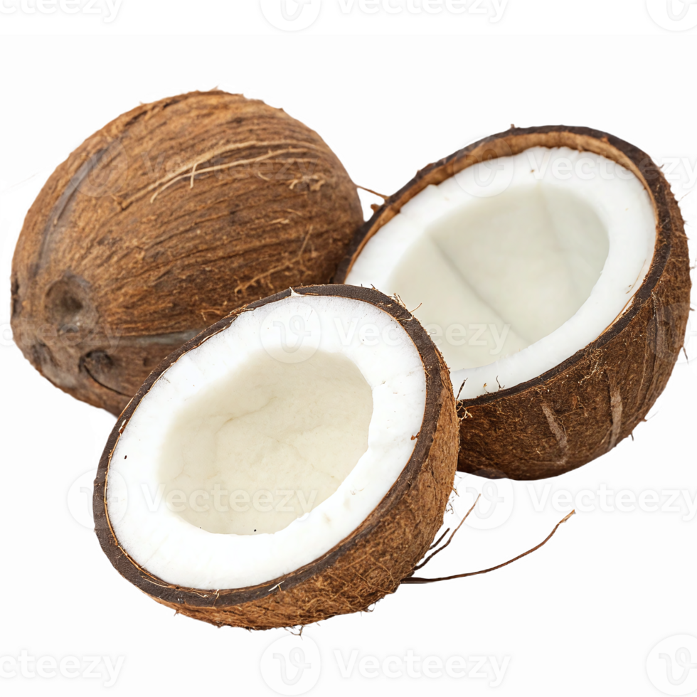 Realistic Depiction of Coconut Halves with Shell and White Flesh on Transparent Background png