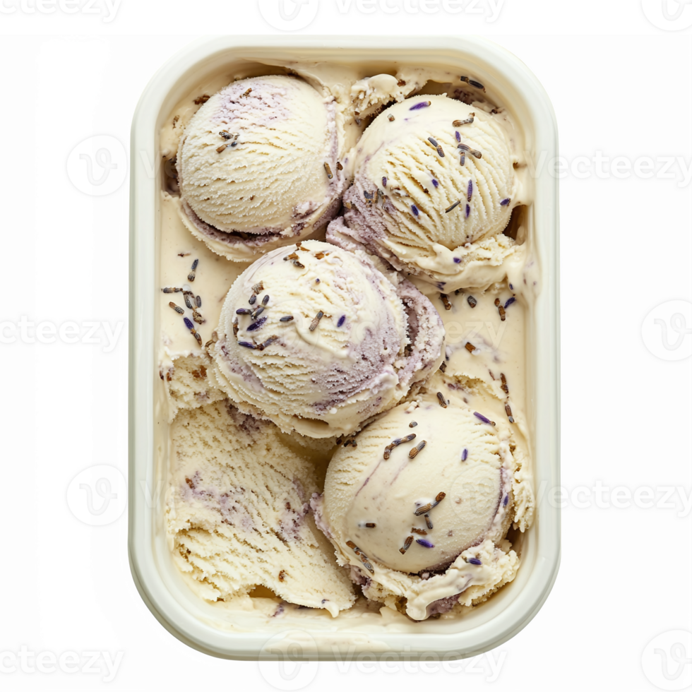 Lavender Ice Cream with Creamy Scoops and Flower Garnish in a Pot png