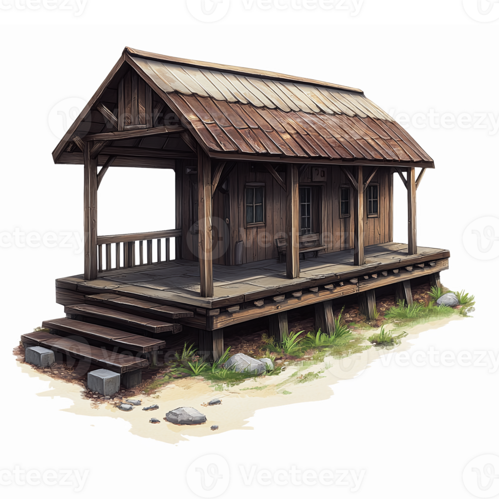 Rustic Wooden Cabin with Porch Surrounded by Grass and Stones on Transparent Background png