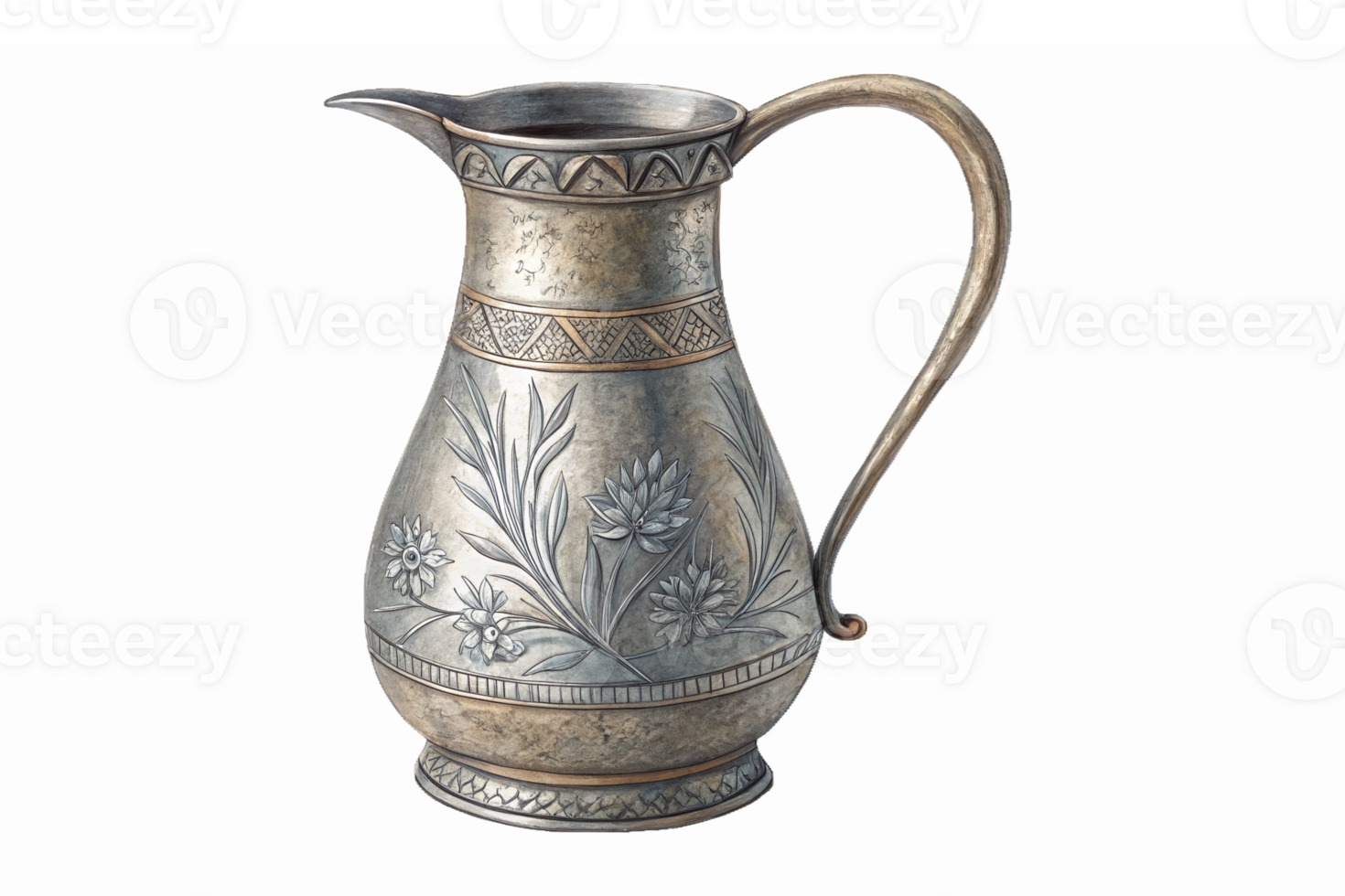 Elegant Vintage Floral Etched Metal Pitcher with Detailed Design and Spout png