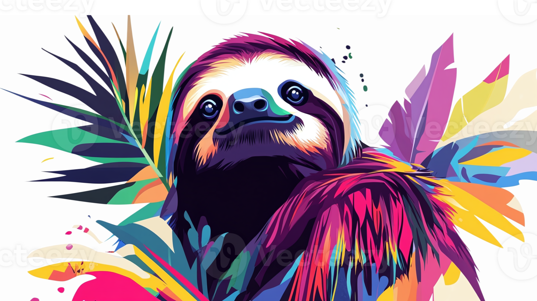 Vibrantly Colored Sloth Surrounded by Tropical Leaves on a Transparent Background png