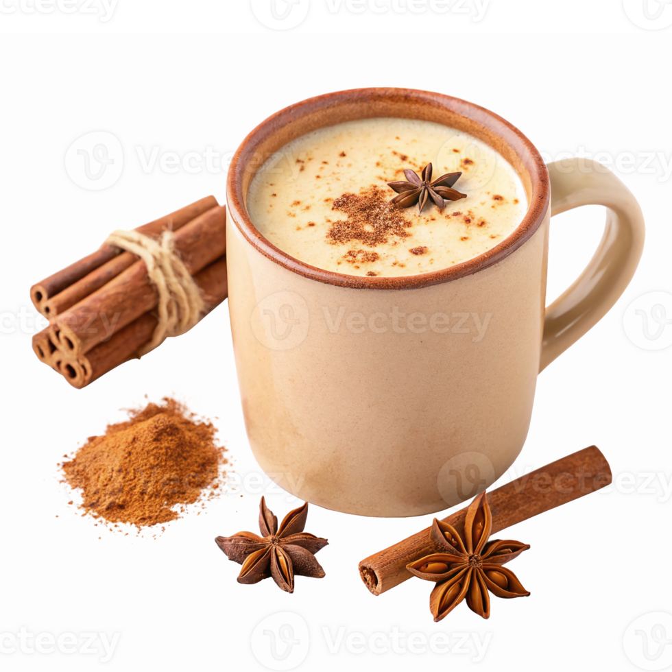 Creamy Spiced Chai Latte in Rustic Mug with Cinnamon Sticks and Star Anise on Transparent Background png