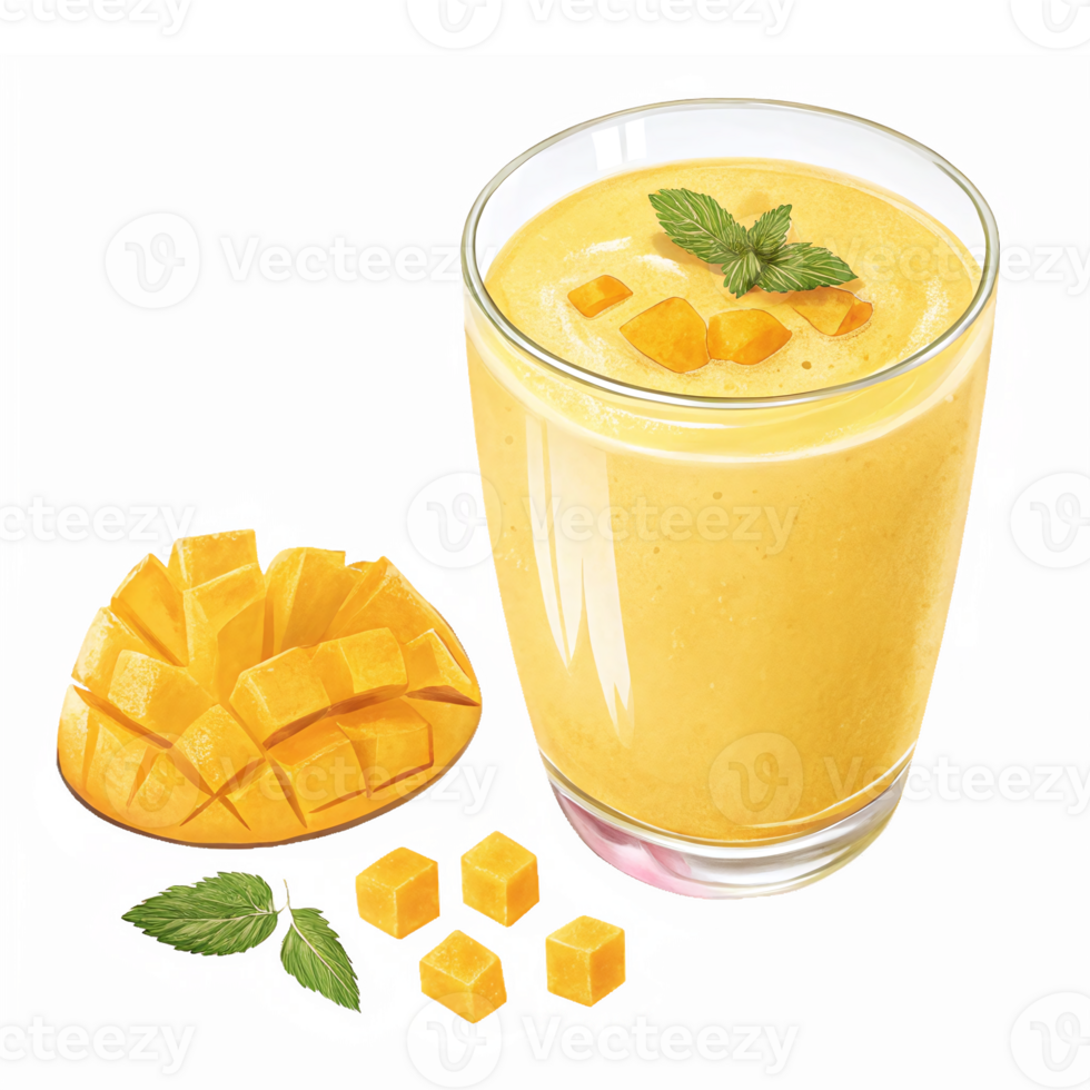 Refreshing Mango Smoothie with Fresh Mango Chunks and Mint Leaf on Transparent Background png
