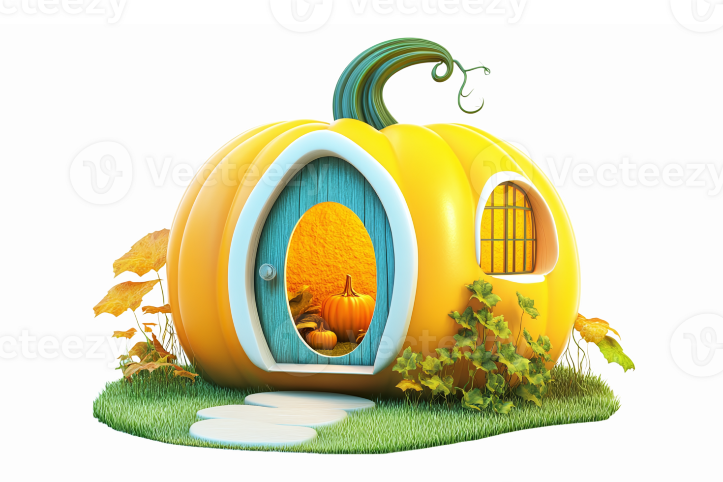 Whimsical Pumpkin House with Colorful Door surrounded by Lush Greenery and Autumn Elements png