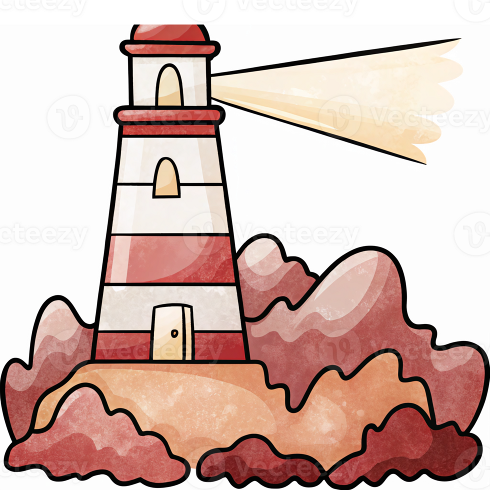 Charming Hand-Drawn Lighthouse Illustration Overlooking Rocky Shore with Light Beam png