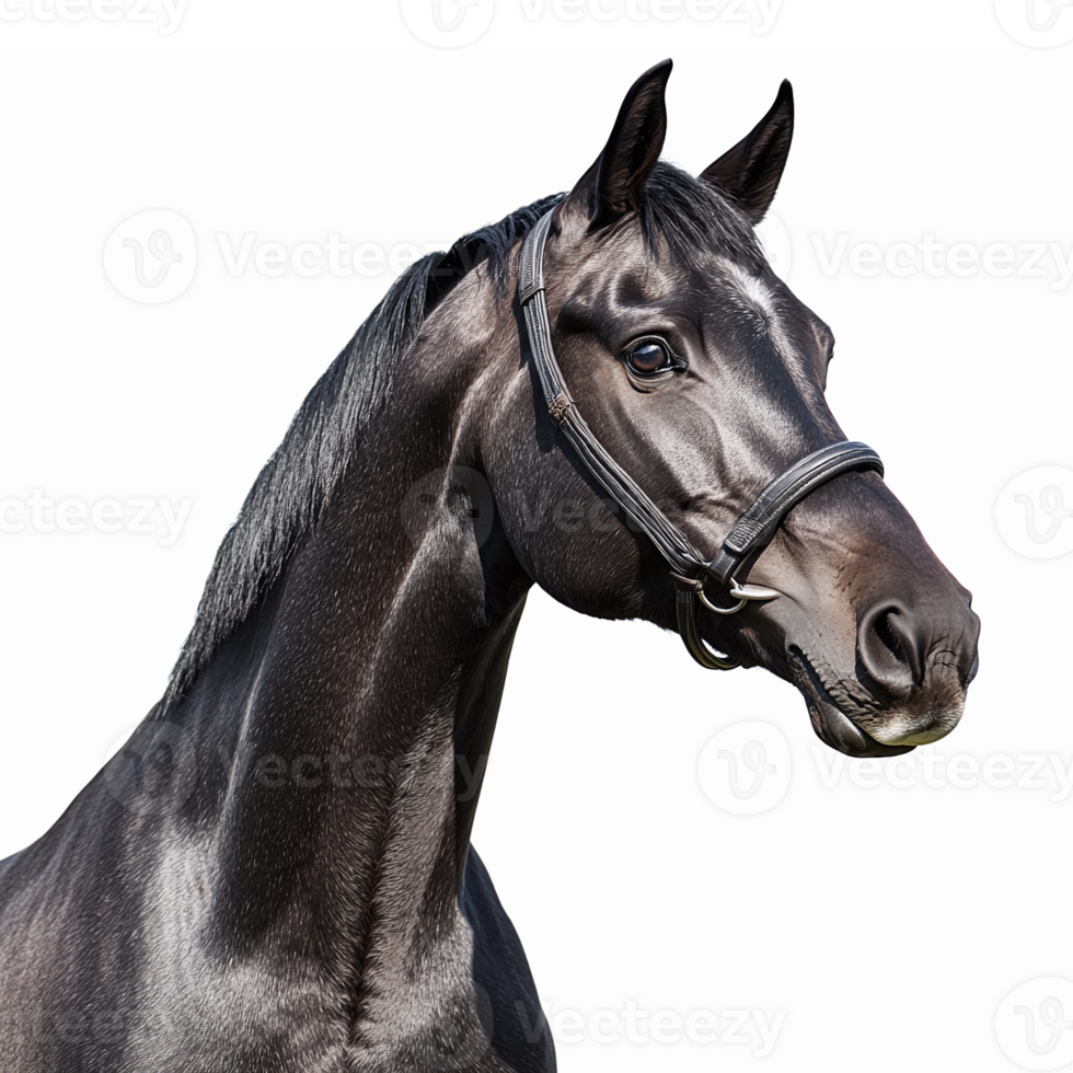 Majestic Black Horse Head Portrait with Detailed Features and Bridle for Equestrian Graphics png