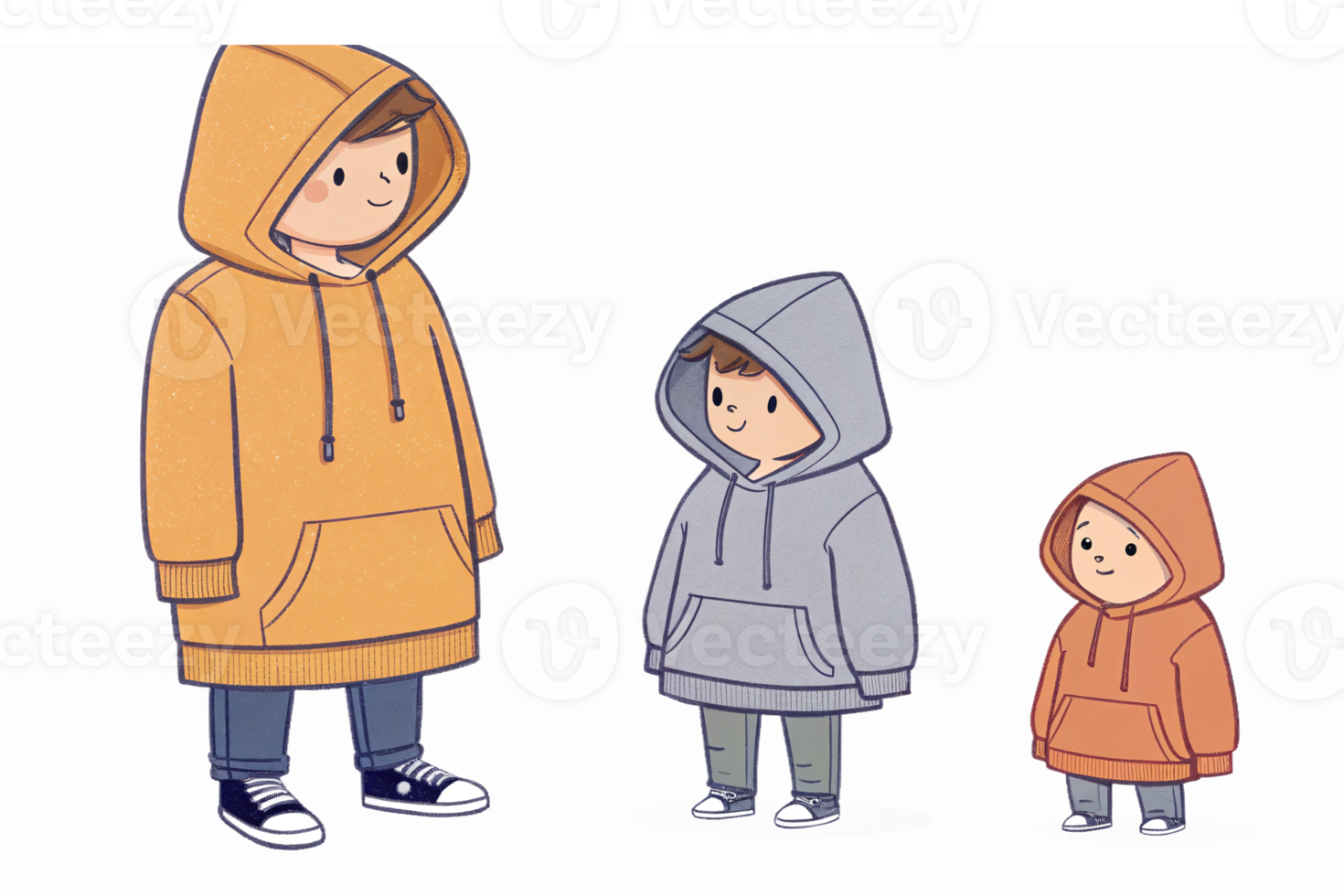 Playful Characters in Hoodies Cartoon Style Perfect for Childrens Apparel and Marketing png