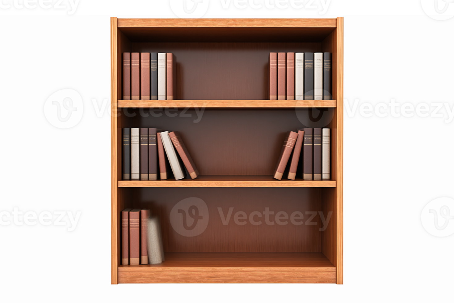 Wooden Bookshelf with Multiple Shelves Filled with Colorful Books on a Transparent Background png