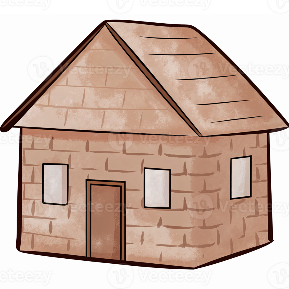 Charming Cartoon Style Brown Cottage with Shingle Roof and Windows for Creative Design Projects png