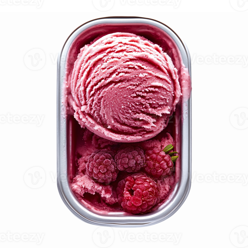 Delicious Pink Raspberry Ice Cream Scoop in a Silver Container with Fresh Berries png
