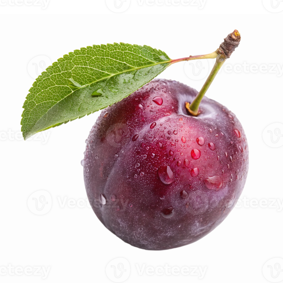 Fresh Purple Plum with Water Droplets and Green Leaf on Transparent Background png