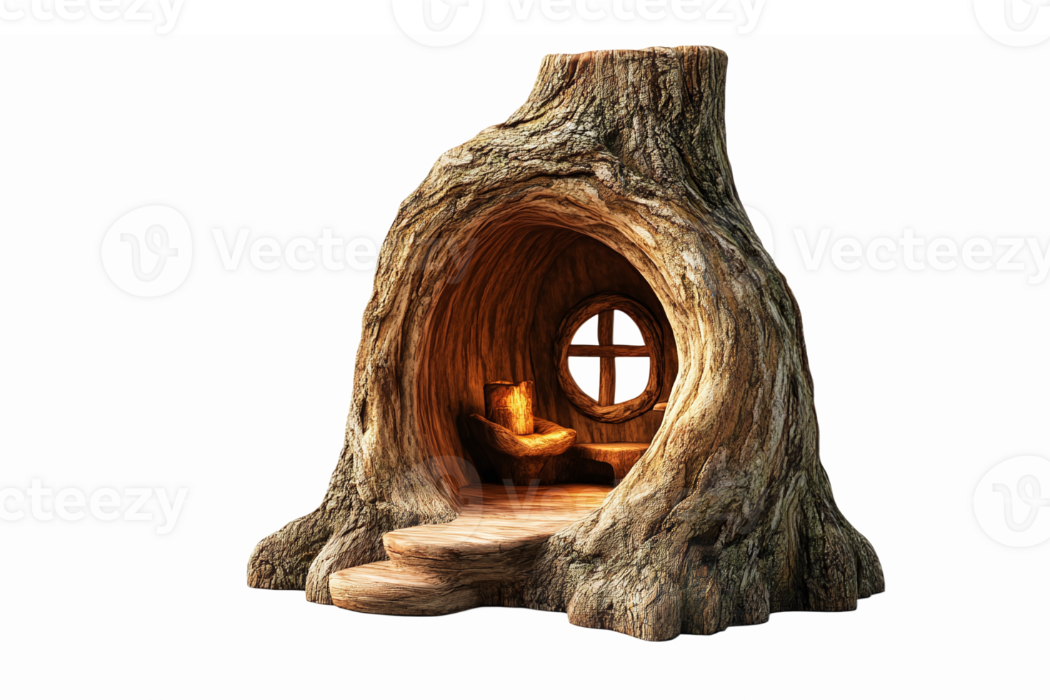 Whimsical Fairy Tale Tree Stump House with Round Window and Warm Interior Light png