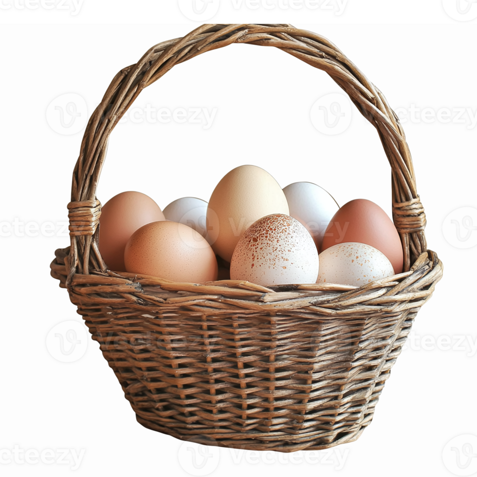 Basket of Fresh Eggs with Varied Colors for Farmhouse Kitchen Decor and Culinary Use png