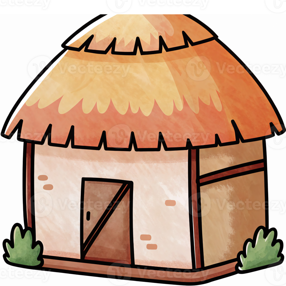 Charming Hand-Drawn Cottage Illustration with Thatched Roof and Lush Greenery png