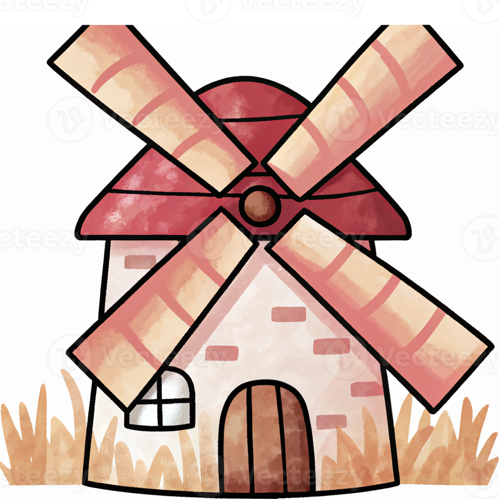 Colorful Cartoon Windmill with Blades and Grass on Transparent Background png