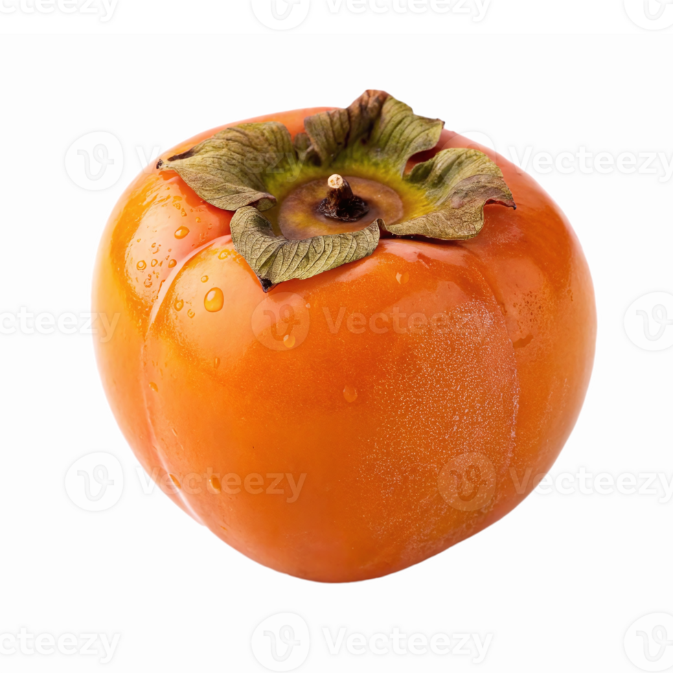 Fresh Ripe Persimmon Fruit with Water Droplets Bright Orange Color on Transparent Background png