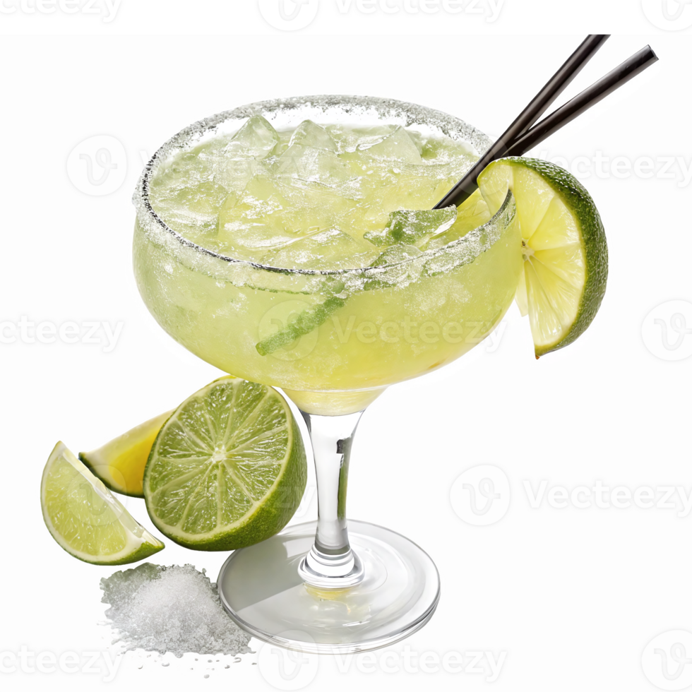 Refreshing Lime Margarita Cocktail with Ice Garnished with Lime Wedges and Straws png