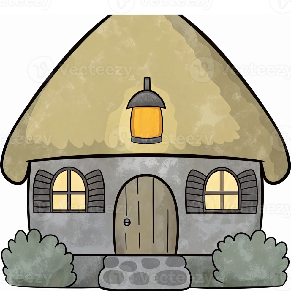 Charming Cottage with Thatched Roof and Lantern in a Whimsical Style for Cozy Home Design png