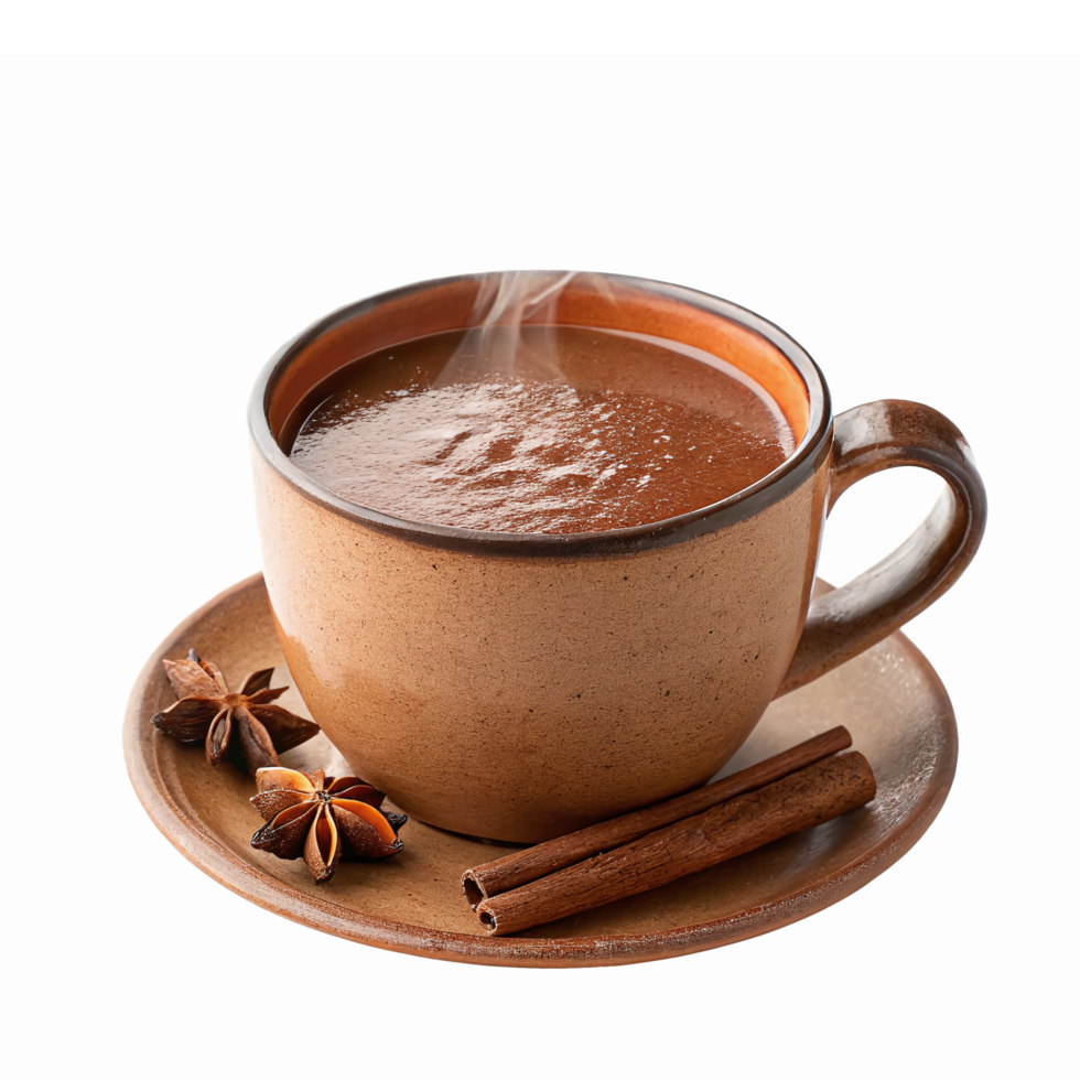 Steaming Hot Chocolate in Ceramic Mug with Cinnamon Sticks and Star Anise on Saucer png