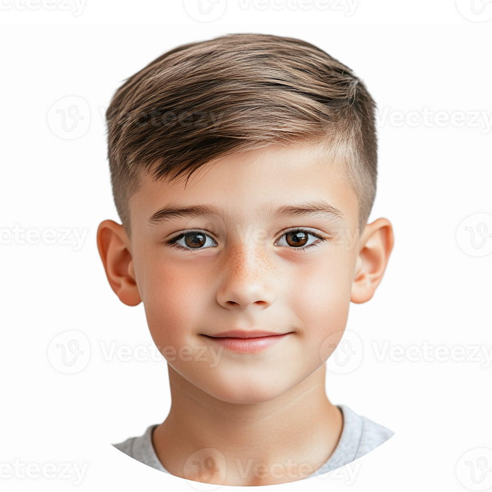 Smiling Young Boy Portrait with Short Hair and Bright Eyes on Transparent Background png
