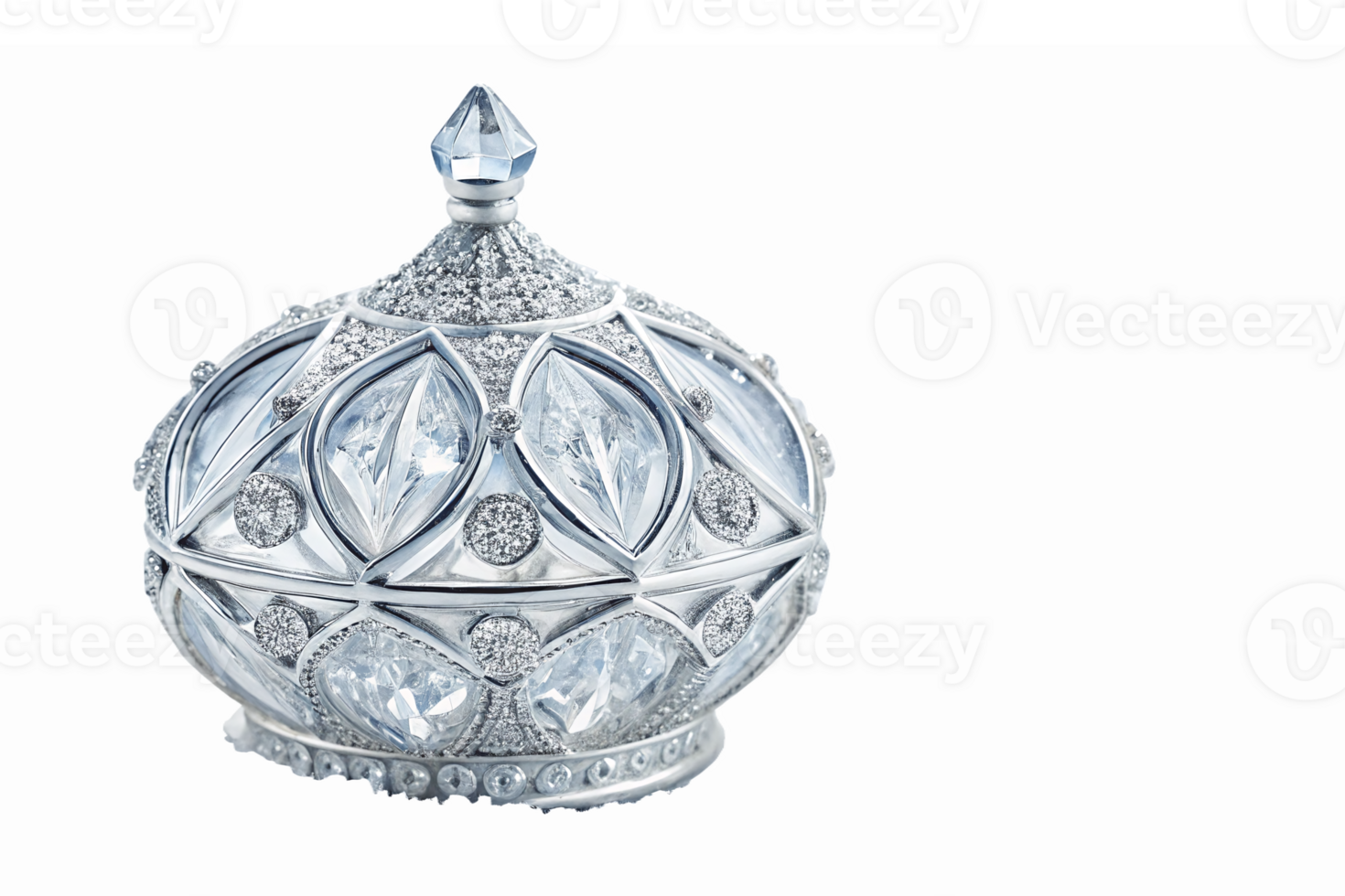 Elegant Crystal Decorative Jar with Stunning Silver Crown Shaped Lid and Intricate Diamond Detailing png