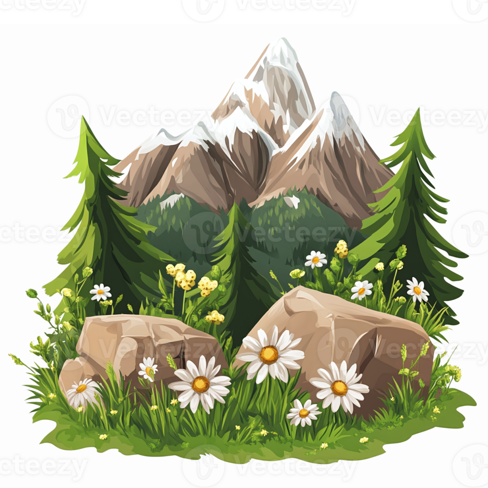 Mountain Landscape with Green Trees Flowering Grass and Rocks in Nature Setting png