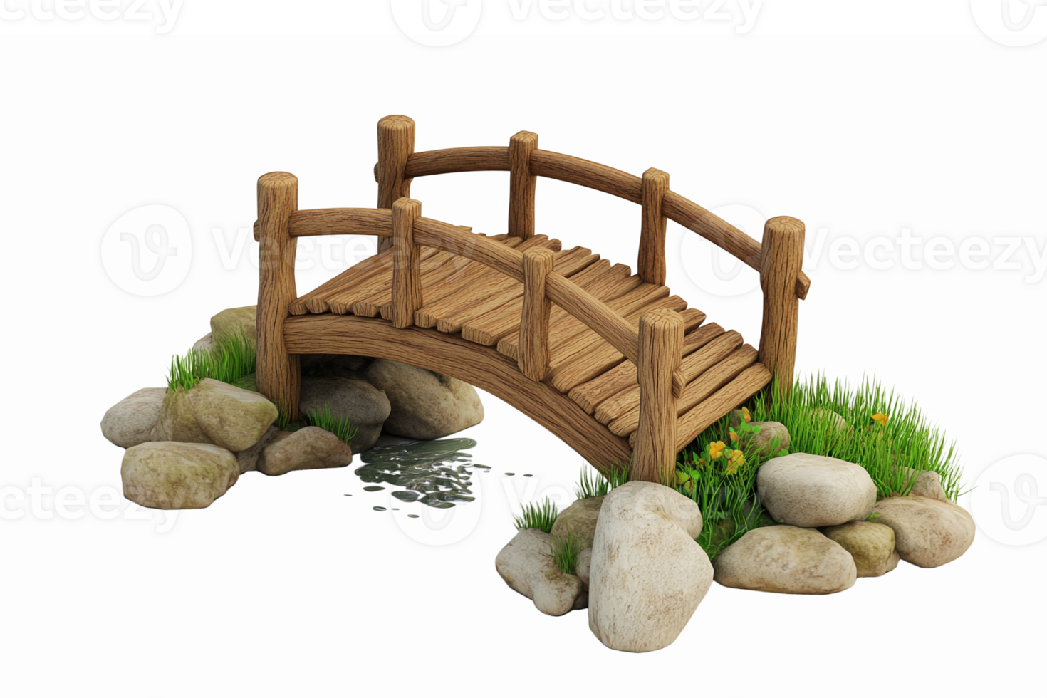 Wooden Bridge Over Stream Surrounded by Rocks and Grass in Tranquil Nature Scene png