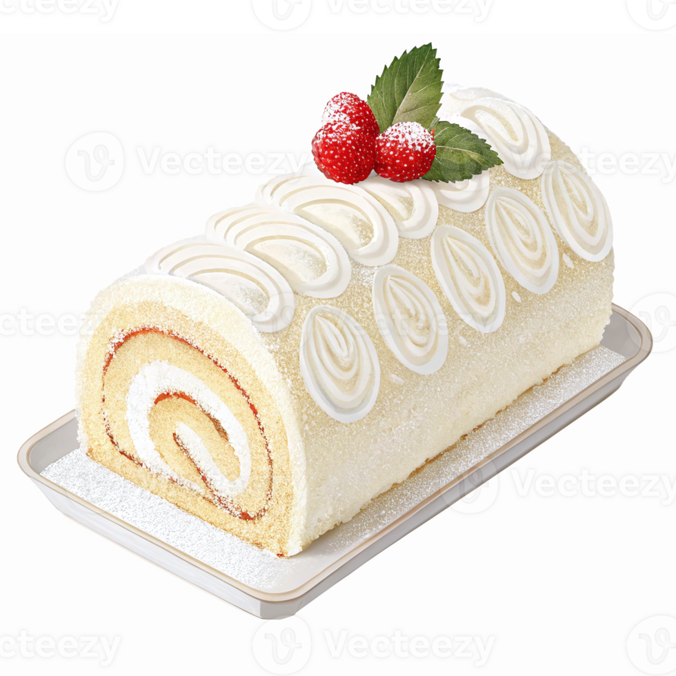 Delicious Whipped Cream Swiss Roll Cake with Fresh Berries and Decorations for Dessert Platter png