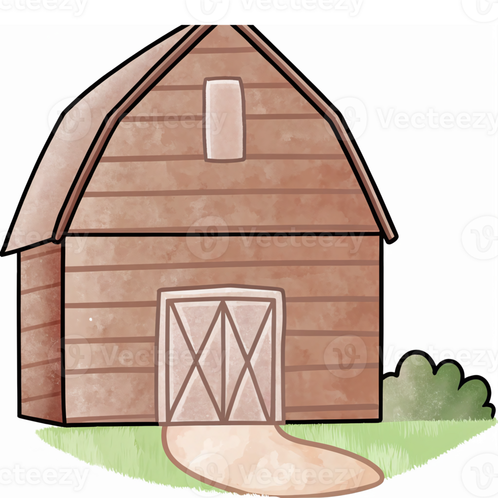 Rustic Wooden Barn with Greenery and Pathway on Transparent Background png