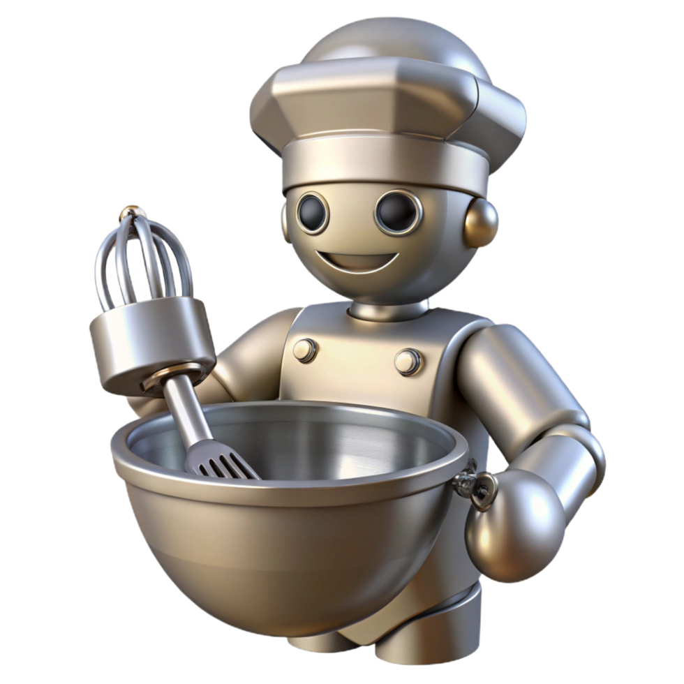 vibrant contemporary Robot chef, metallic, whisking bowl, culinary tools genuine png