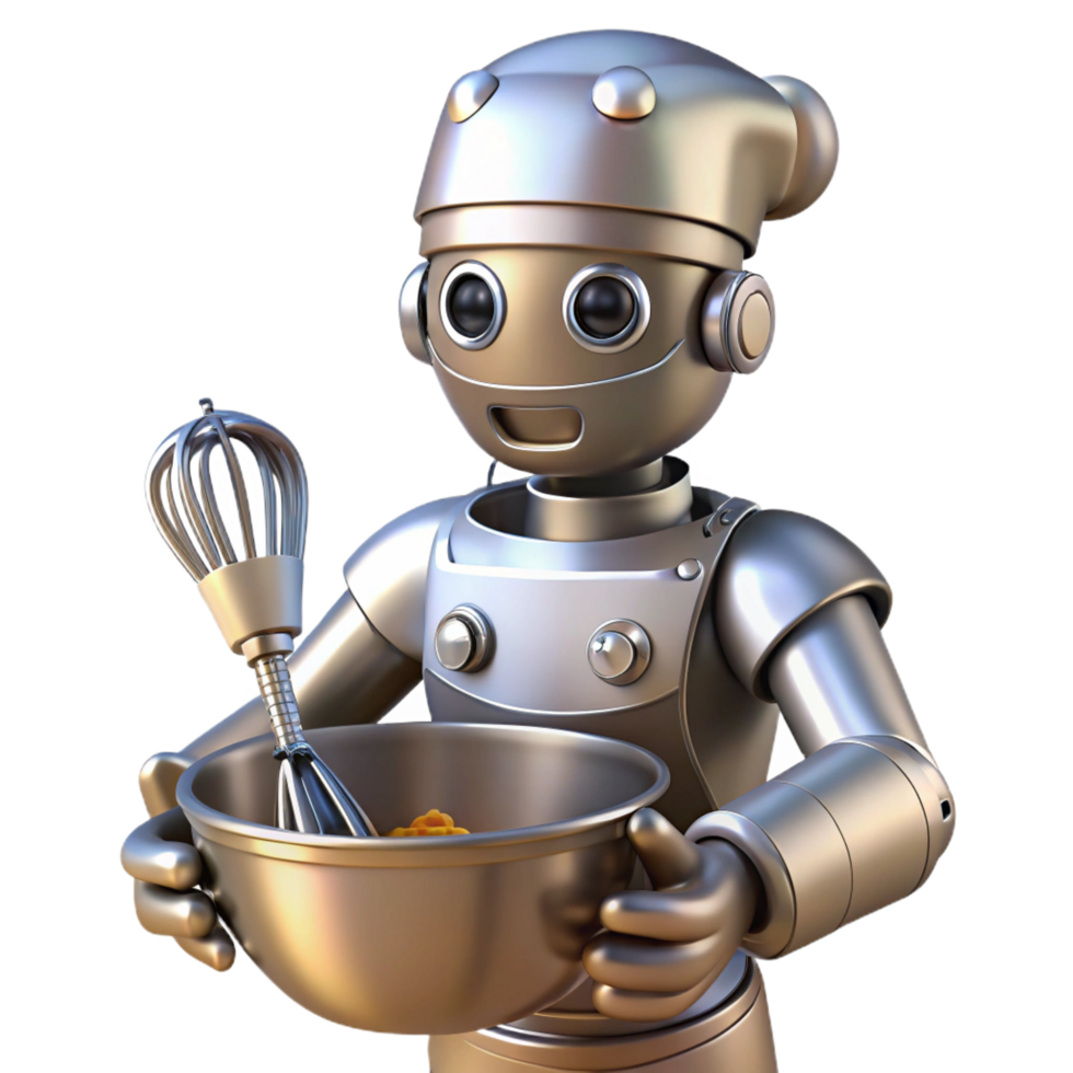 magnificent abstract Robot chef, metallic, whisking bowl, culinary tools original png